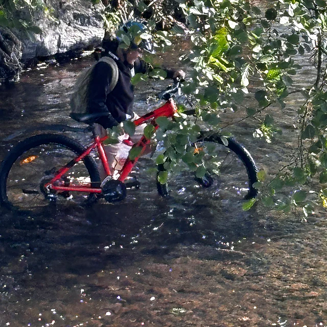 Rotes Fahrrad im Bach.
