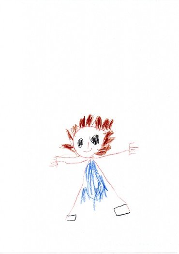 Kinderzeichnung einer Figur mit strubbeligen Haaren.