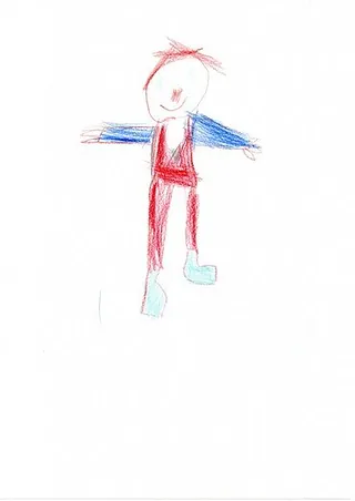 Kinderzeichnung einer Figur in Rot und Blau.