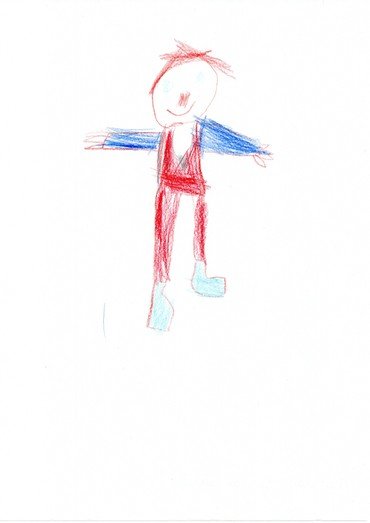 Kinderzeichnung einer Figur in Rot und Blau.