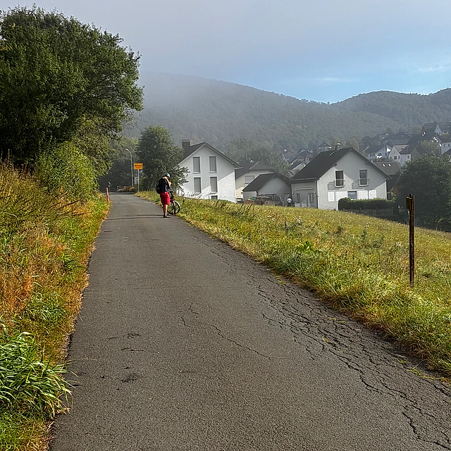 Person auf Straße in nebliger Landschaft.