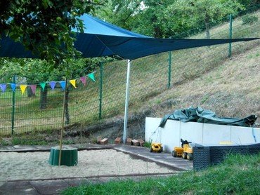 Sandkasten unter Sonnensegel.