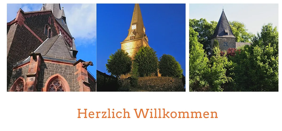 Kirchendetails mit Wasserspeier, Uhrturm und Bäumen.