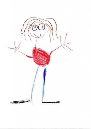 Kinderzeichnung einer lachenden Figur mit Brille.