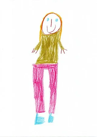 Kinderzeichnung einer Figur mit langen Haaren.