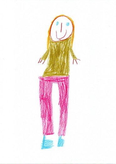 Kinderzeichnung einer Figur mit langen Haaren.