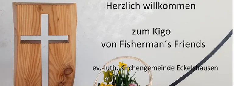 Willkommensschild für Kigo mit Holzkreuz und Blumenkorb.